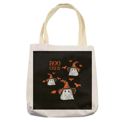 Boo Crew Halloween Ghost with Witch Hat and Bats - printed canvas tote bag by EZbie