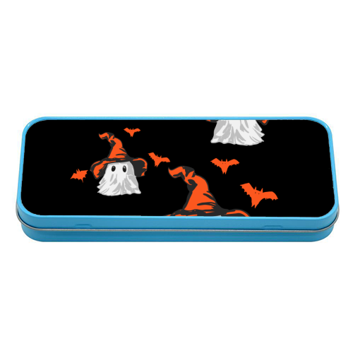 Boo Crew Halloween Ghost with Witch Hat and Bats - tin pencil case by EZbie