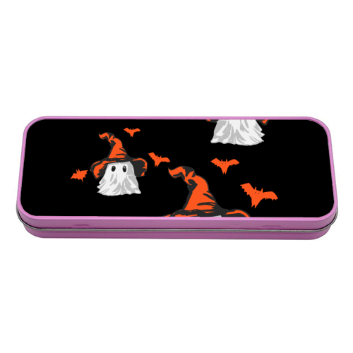 Boo Crew Halloween Ghost with Witch Hat and Bats - tin pencil case by EZbie