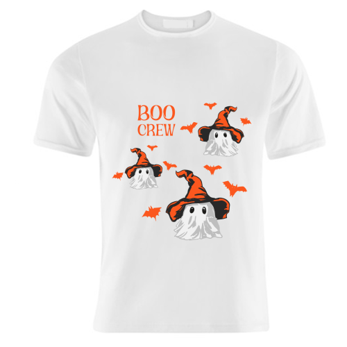 Boo Crew Halloween Ghost with Witch Hat and Bats - unique t shirt by EZbie