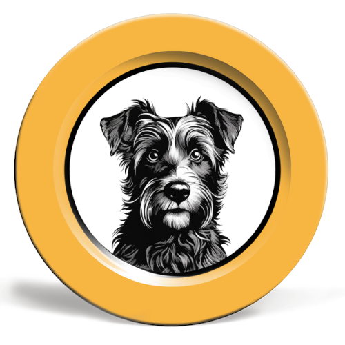 Border Terrier Cameo Dog Portrait (Mustard Yellow) - ceramic dinner plate by Adam Regester
