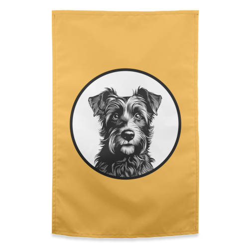 Border Terrier Cameo Dog Portrait (Mustard Yellow) - funny tea towel by Adam Regester