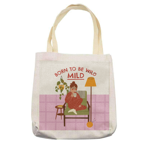 Born to be mild Funny Introvert Illustration Design - printed canvas tote bag by AbiGoLucky