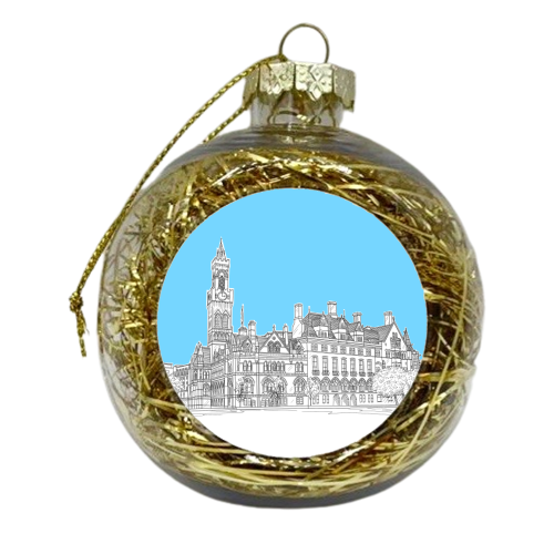 Bradford City Hall In West Yorkshire (With Pale Blue Background) - xmas bauble by Adam Regester