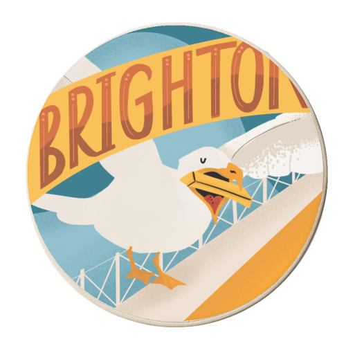 Brighton Seagull Eating Chip off Pier Giftware - personalised beer coaster by Vallely Studios