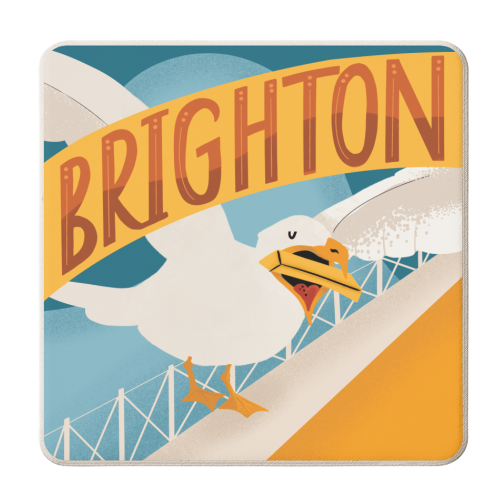 Brighton Seagull Eating Chip off Pier Giftware - personalised beer coaster by Vallely Studios