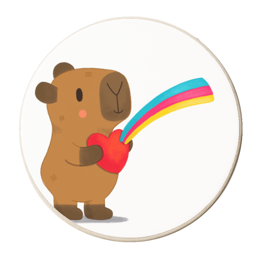 Capybara holding a heart with a rainbow - personalised beer coaster by Juliana Motzko