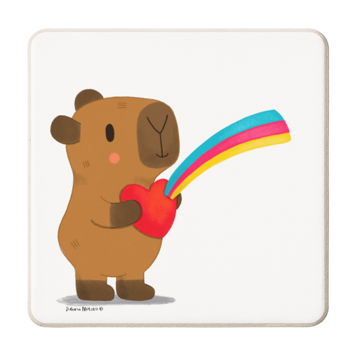 Capybara holding a heart with a rainbow - personalised beer coaster by Juliana Motzko