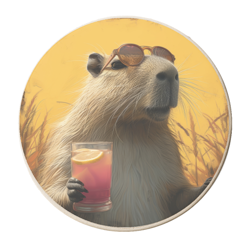 Capybara with lemonade - personalised beer coaster by DejaReve