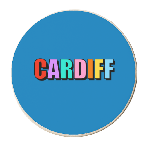 Cardiff (Bold Colourful Text On Blue) - personalised beer coaster by Adam Regester