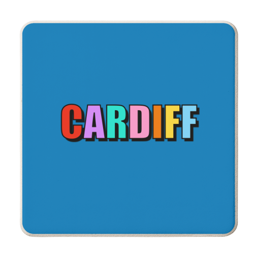 Cardiff (Bold Colourful Text On Blue) - personalised beer coaster by Adam Regester