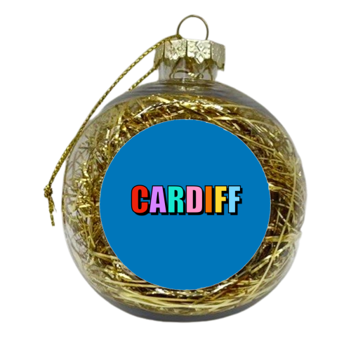Cardiff (Bold Colourful Text On Blue) - xmas bauble by Adam Regester