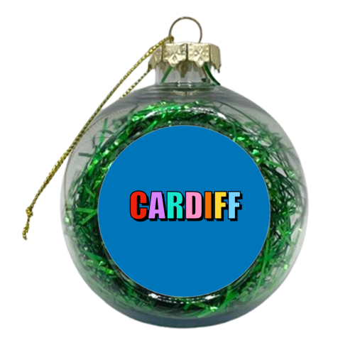 Cardiff (Bold Colourful Text On Blue) - xmas bauble by Adam Regester