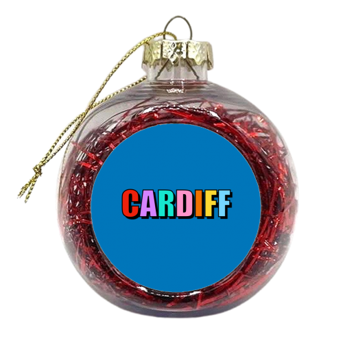 Cardiff (Bold Colourful Text On Blue) - xmas bauble by Adam Regester
