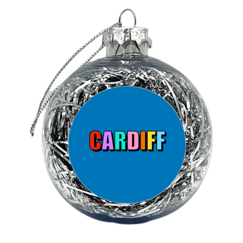 Cardiff (Bold Colourful Text On Blue) - xmas bauble by Adam Regester