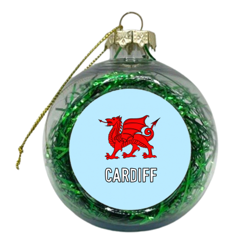 Cardiff (Red Welsh Dragon On Blue) - xmas bauble by Adam Regester