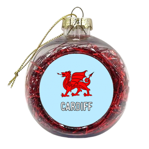Cardiff (Red Welsh Dragon On Blue) - xmas bauble by Adam Regester