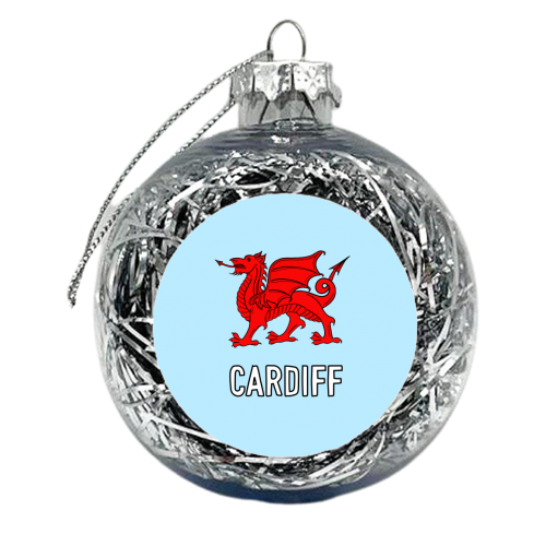 Cardiff (Red Welsh Dragon On Blue) - xmas bauble by Adam Regester