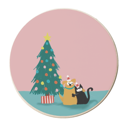 Cat and Dog Christmas couple - personalised beer coaster by Giddy Kipper