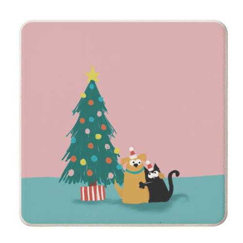 Cat and Dog Christmas couple - personalised beer coaster by Giddy Kipper