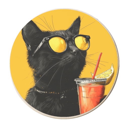 Cat drinking lemonade - personalised beer coaster by DejaReve