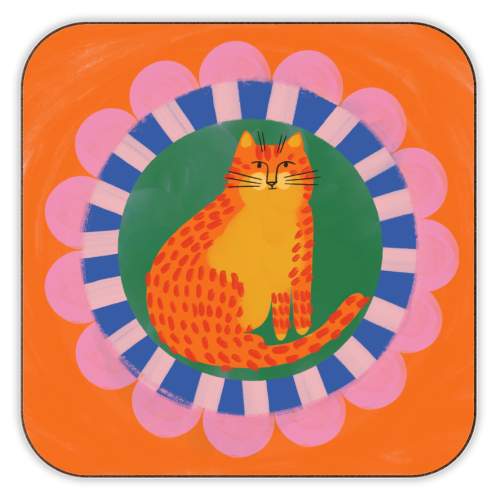 Cat Folk Art Bold Colourful Bright Illustration Painting - personalised beer coaster by AbiGoLucky