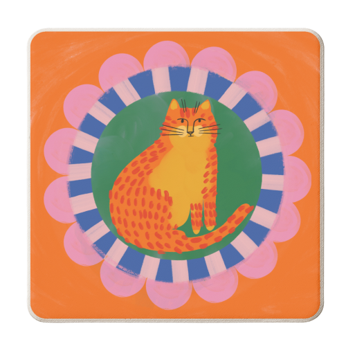 Cat Folk Art Bold Colourful Bright Illustration Painting - personalised beer coaster by AbiGoLucky