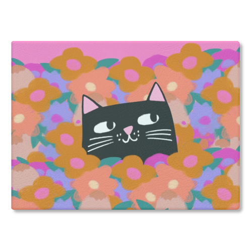 Cat In The Flowers - glass chopping board by The Paper Tail