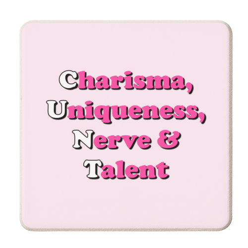 Charisma, Uniqueness,  Nerve & Talent - personalised beer coaster by Adam Regester