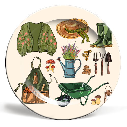 Charming Cottagecore Garden Tools & Botanicals - ceramic dinner plate by EZbie
