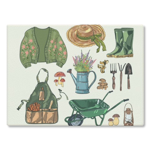 Charming Cottagecore Garden Tools & Botanicals - glass chopping board by EZbie