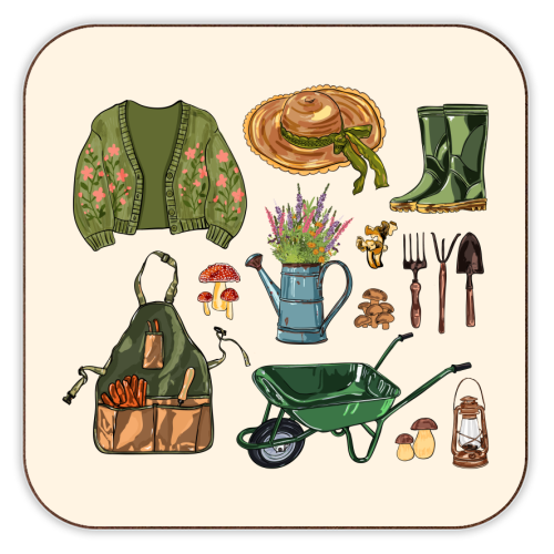 Charming Cottagecore Garden Tools & Botanicals - personalised beer coaster by EZbie