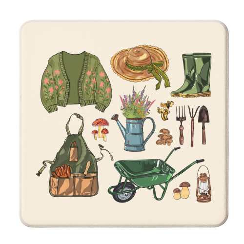 Charming Cottagecore Garden Tools & Botanicals - personalised beer coaster by EZbie