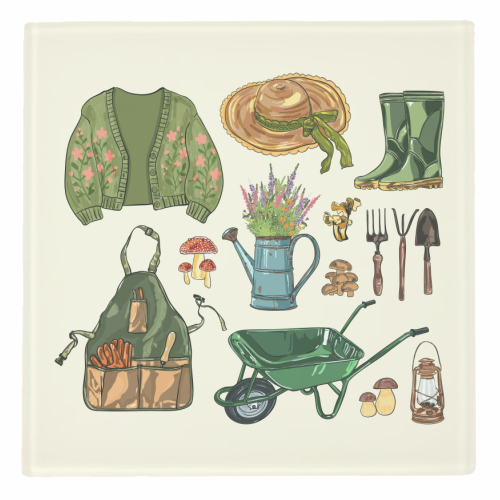 Charming Cottagecore Garden Tools & Botanicals - personalised beer coaster by EZbie