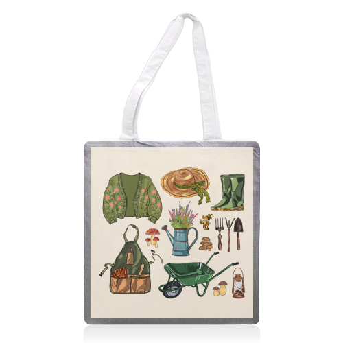 Charming Cottagecore Garden Tools & Botanicals - printed canvas tote bag by EZbie
