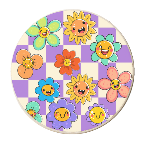 Checkered Spring Smiley Face Flowers - personalised beer coaster by EZbie