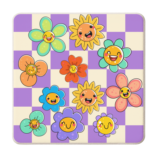 Checkered Spring Smiley Face Flowers - personalised beer coaster by EZbie