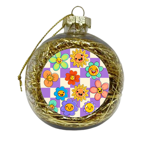 Checkered Spring Smiley Face Flowers - xmas bauble by EZbie