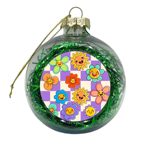 Checkered Spring Smiley Face Flowers - xmas bauble by EZbie