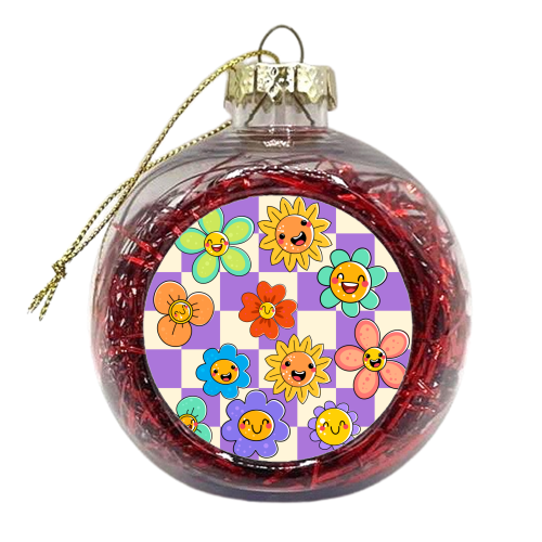 Checkered Spring Smiley Face Flowers - xmas bauble by EZbie