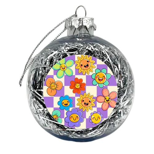 Checkered Spring Smiley Face Flowers - xmas bauble by EZbie