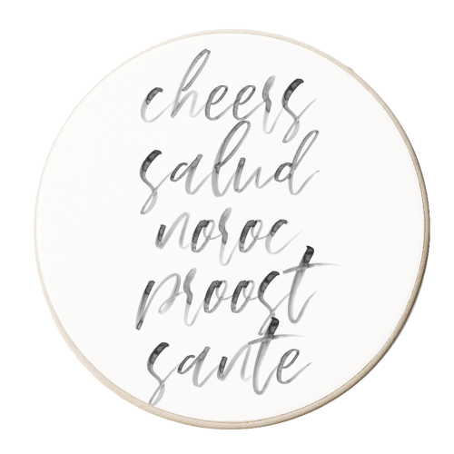 Cheers Salud Noroc Proost Sante Watercolor Script - personalised beer coaster by Toni Scott