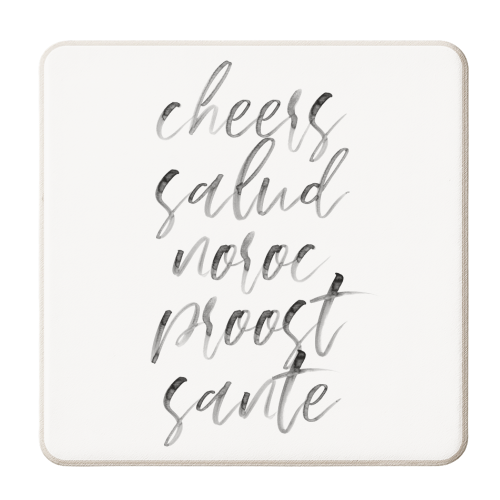 Cheers Salud Noroc Proost Sante Watercolor Script - personalised beer coaster by Toni Scott