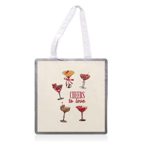 Cheers to Love Vintage Cocktail Illustration - printed canvas tote bag by EZbie