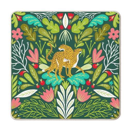 "Cheetah Couple Illustration, Wild Cat Jungle Nature, Mandala Painting, Wildlife Tropical Tiger	" - personalised beer coaster by Uma Prabhakar Gokhale