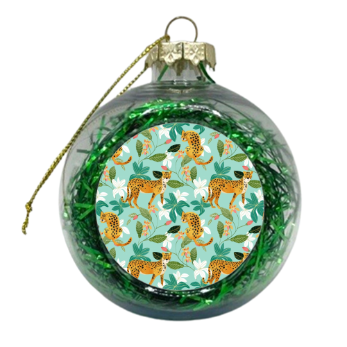 Cheetah Jungle, Wildlife Nature Wild Cats Tigers Leopard Botanical Animals Mint Quirky Illustration - xmas bauble by Uma Prabhakar Gokhale