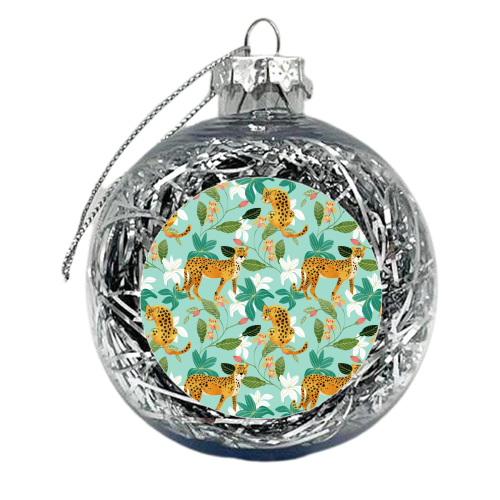Cheetah Jungle, Wildlife Nature Wild Cats Tigers Leopard Botanical Animals Mint Quirky Illustration - xmas bauble by Uma Prabhakar Gokhale