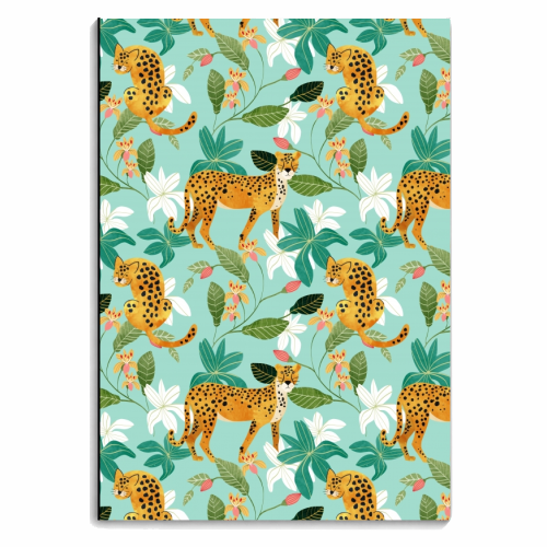 Cheetah Jungle, Wildlife Nature Wild Cats Tigers Leopard Botanical Animals Mint Quirky Illustration - personalised A4, A5, A6 notebook by Uma Prabhakar Gokhale