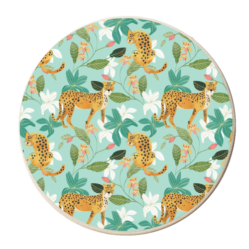 Cheetah Jungle, Wildlife Nature Wild Cats Tigers Leopard Botanical Animals Mint Quirky Illustration - personalised beer coaster by Uma Prabhakar Gokhale