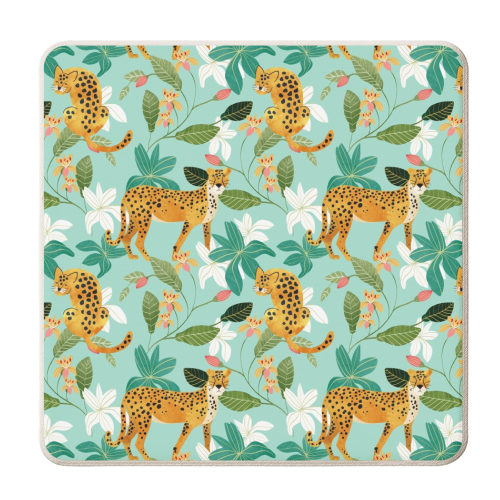 Cheetah Jungle, Wildlife Nature Wild Cats Tigers Leopard Botanical Animals Mint Quirky Illustration - personalised beer coaster by Uma Prabhakar Gokhale